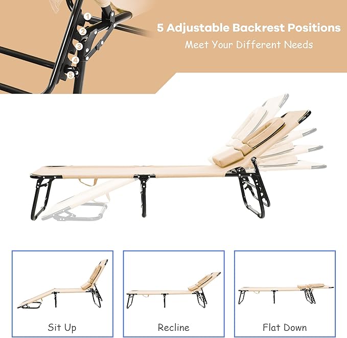 Folding Beach Lounge Chair w/ 5 Adjutable Backrest & Padded Pillow, Sunbathing
