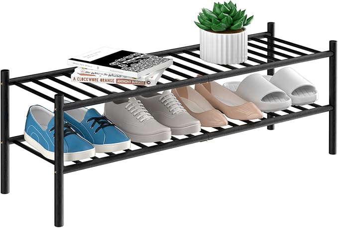 ROMGUAR CRAFT 2-Tier Bamboo Long Shoe Rack, Free Standing Wood Shoe Shelf