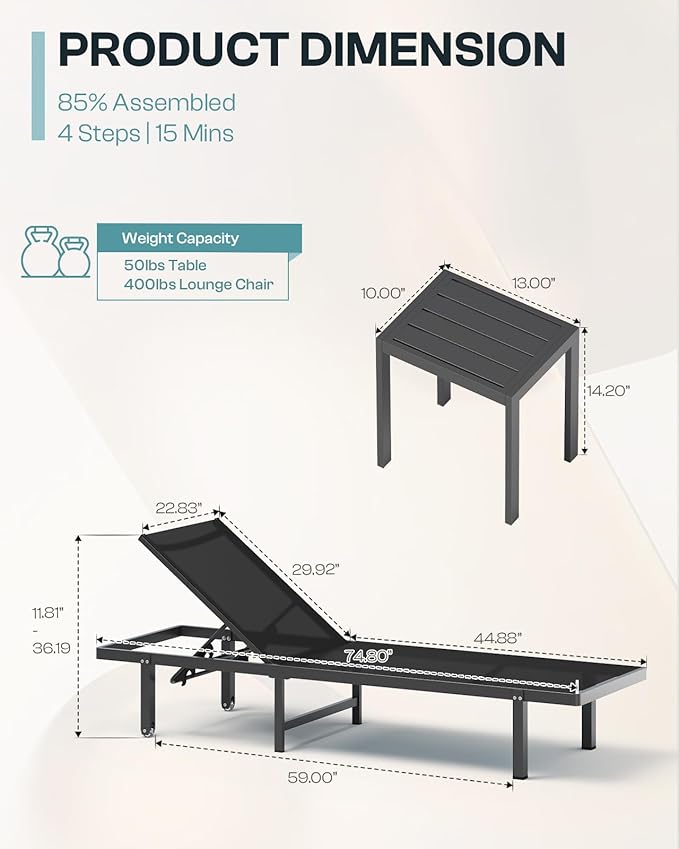 Lounge Chair Outdoor with Wheels, Aluminum Patio Chaise Lounge Chair with 5