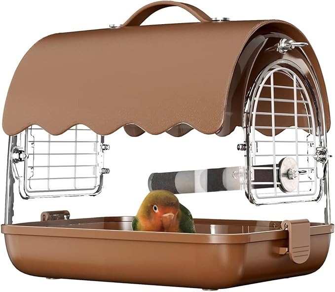 Bird Cage Parrot Cage Bird Carrier Backpack with Perch, Transparent Travel Bird Cage Bag with Shade Cover Visible Window for Parrots Budgie Flight Birdcage(Brown)