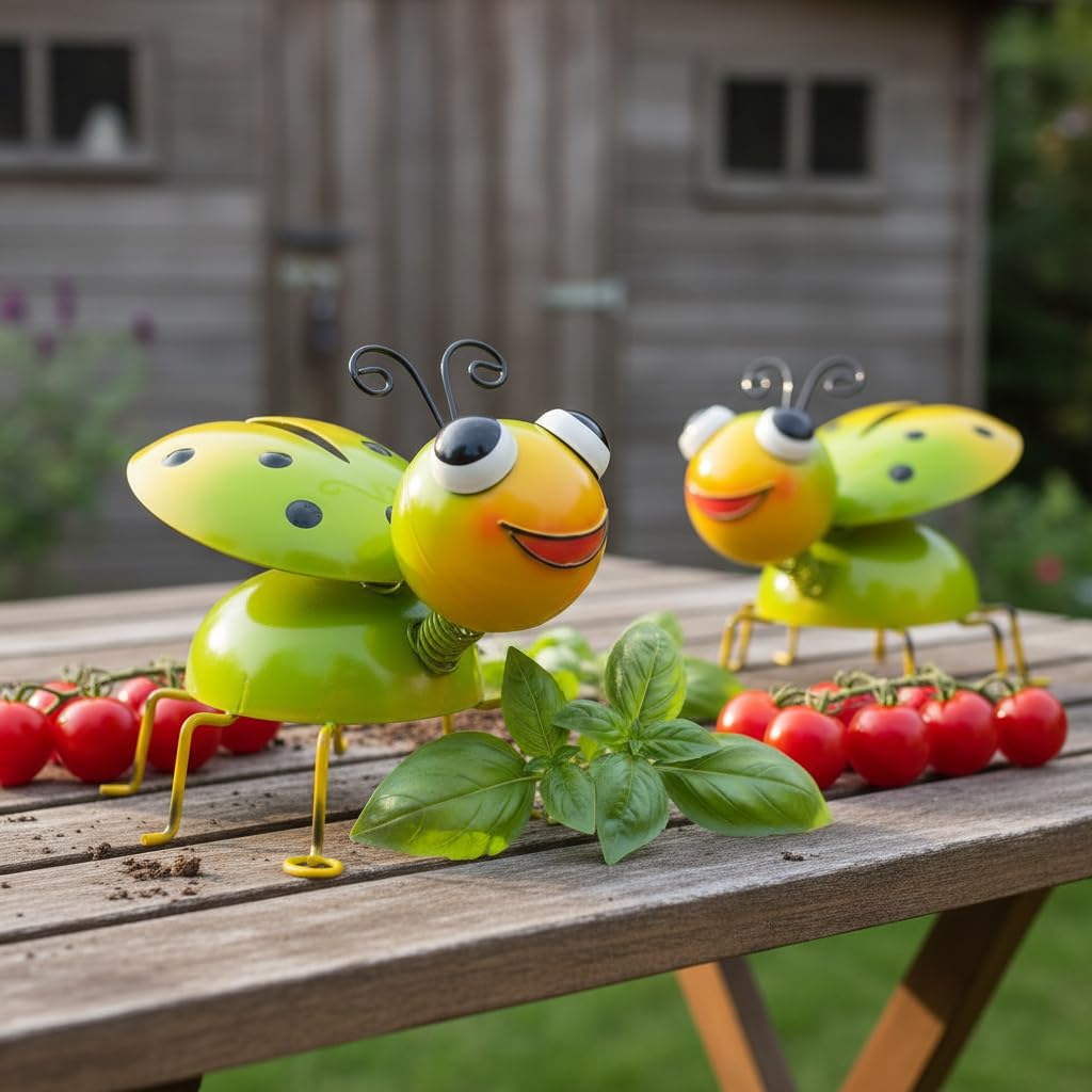 Cruis Cuka Metal Yard Art Garden Decor for Outside Cute Green Ladybugs Lawn Patio Ornaments Backyard Decorations Garden Gifts for Mom - Set of 2