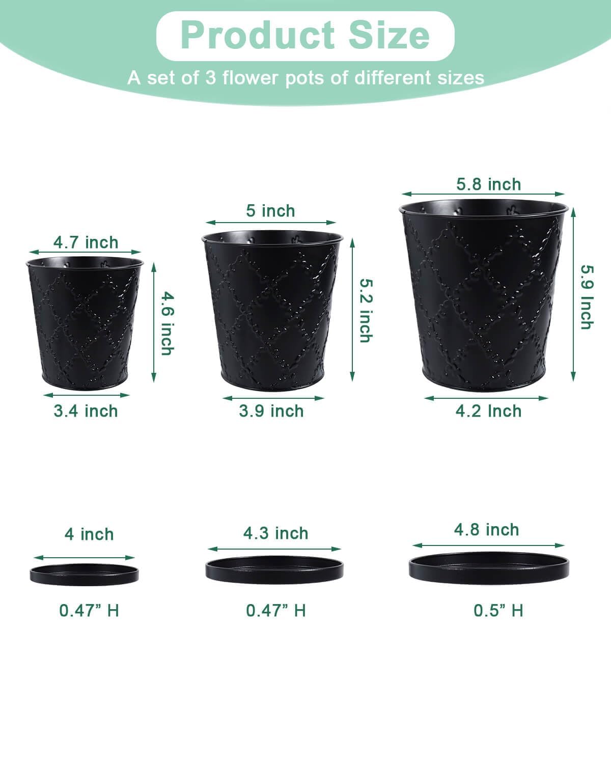 vensovo Black Galvanized Planters - 3 Pack Metal Pot with Drainage & Saucers – Rustic Tin Herb Pots for Indoor/Outdoor Plants – Farmhouse Flower Buckets for Wedding or Home Decor