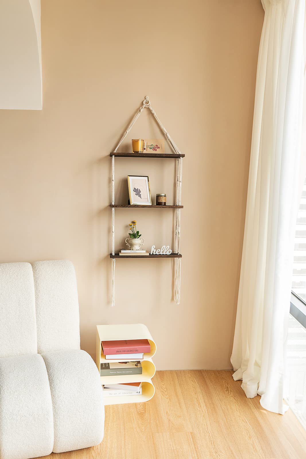 Mkono Macrame Wall Hanging Shelf Wood Floating Shelves with Cute Woven Rope Boho Room Decor Display Photos Plant Hanging Storage Shelves for Bathroom, Bedroom, Living Room, Nursery