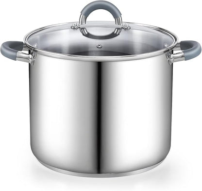 Cook N Home Basics 8 Quart Stainless Steel Stock Pot with Lid, Cooking Pot for Pasta, Soup, Stay-Cool Silicone Handle, Stockpot with Even Heating, Oven Safe, Cookware for Canning, Boiling, Simmer