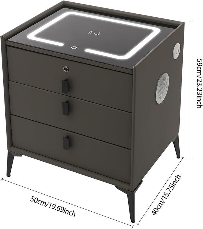 Smart Nightstand with 3 Drawers, Tri-Color Lights, Wireless Charging Port and