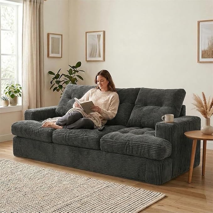 85" Corduroy 3 Seater Sofa in a Box, High-Density Foam Couch, No Assembly