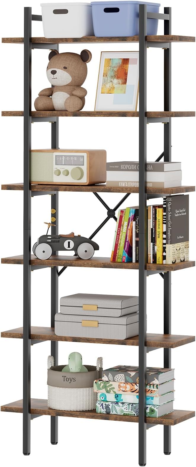 6 Tiers Bookshelf Organizer Industrial Shelf, Modern Open Display Storage