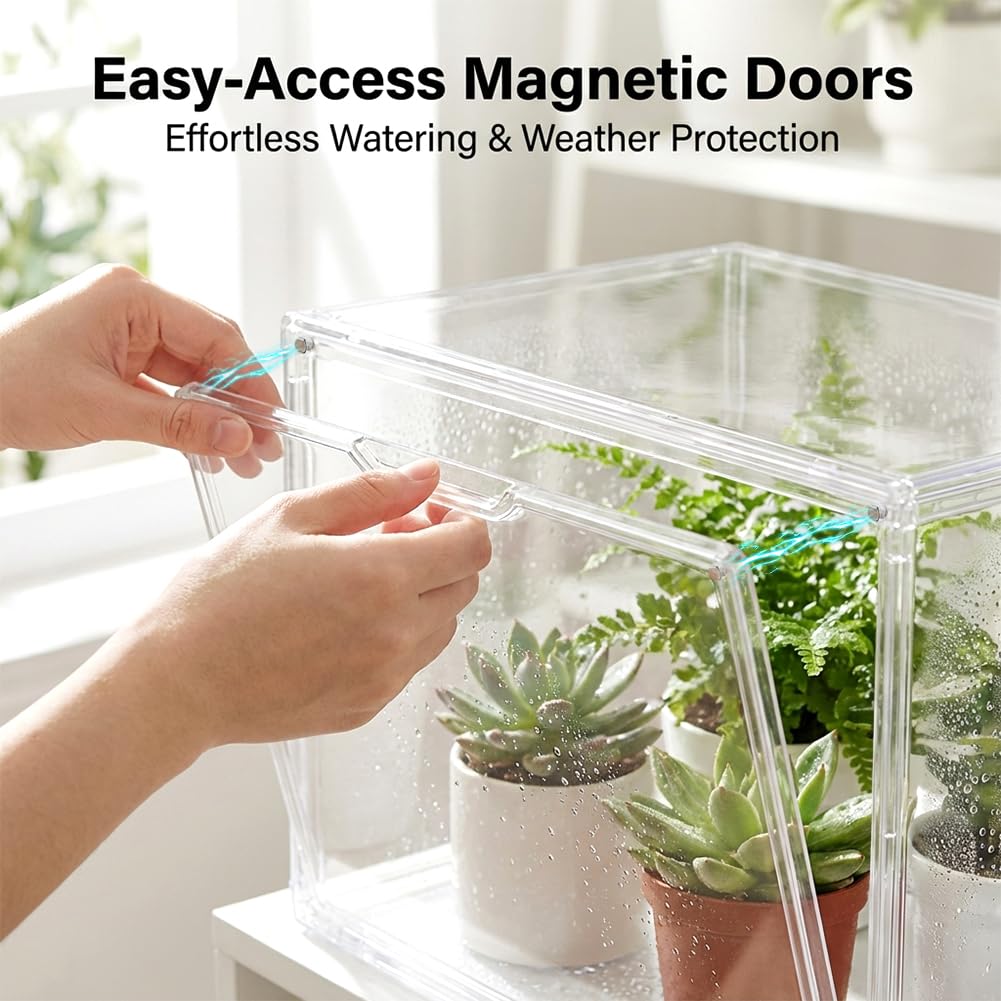 Mini Greenhouse for Indoor, Stackable Acrylic Plant Nursery with Magnetic Easy-Access Door, Tabletop Small Green House for Seedling Germination, Succulents & Cactus, 14.1x8.6x10.6 Inch