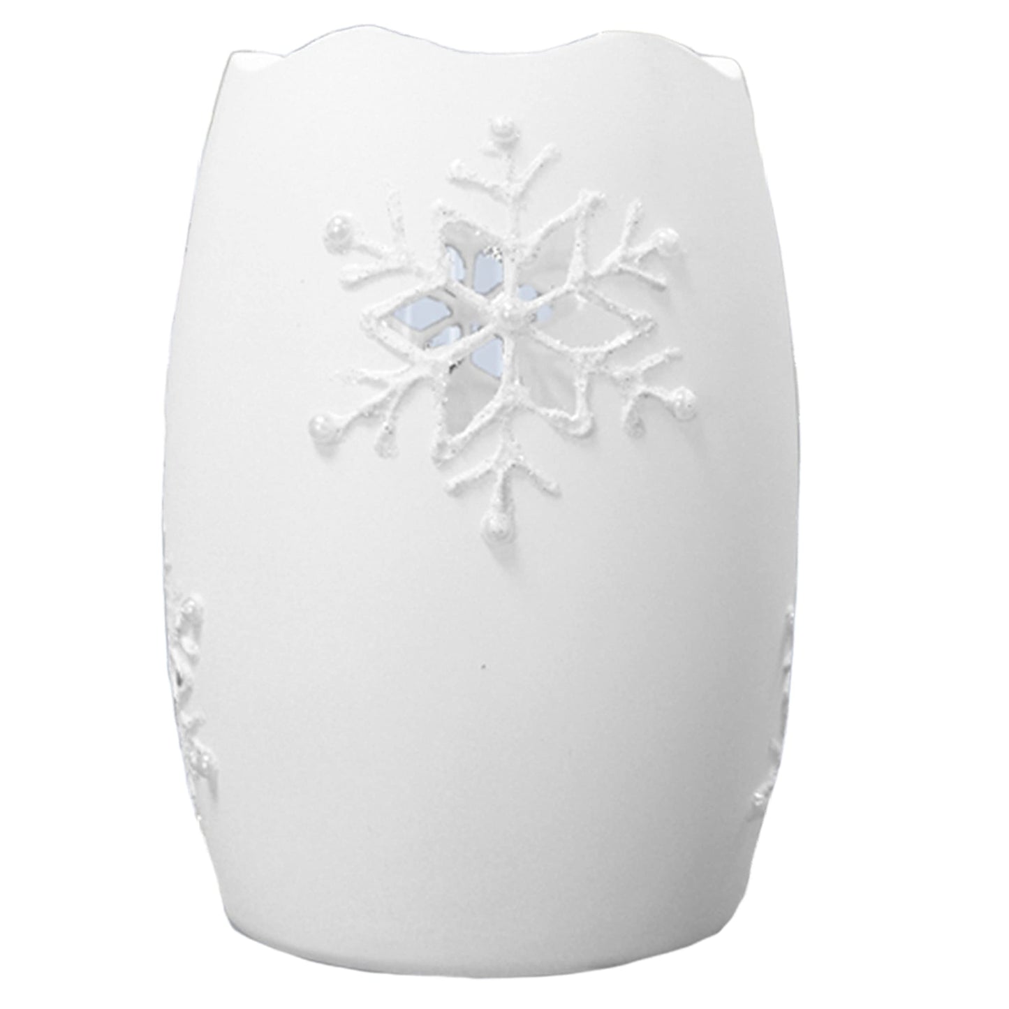 Lighted Snowflake Candle Holder – White Frosted Glass Christmas Decoration, 5" H x 3.5" D Winter Snowflake Table Décor, LED Holiday Candle Holder for Mantel, Shelf, Centerpiece Home Accent Gift