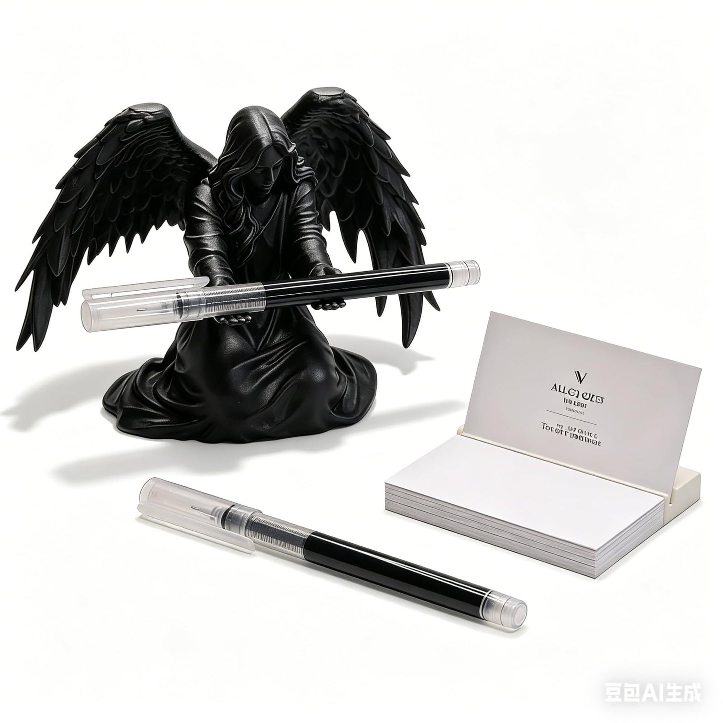 gekoaoo Angel Pen Holder with Hand-Polished Feather Wings, Desktop Organizer, Home & Office Decor, Guardian Gift (Black)