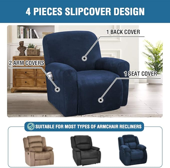 H.VERSAILTEX Velvet Stretch Recliner Couch Covers 4-Pieces Style Recliner Chair