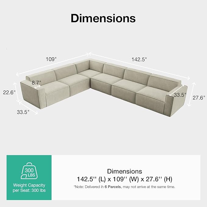 Novilla 142.5" Modular Sectional Sofa, No Assembly Cloud Sectional Couch
