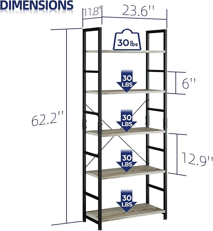 NUMENN 5 Tier Bookshelf, Tall Bookcase Shelf Storage Organizer, Modern Book