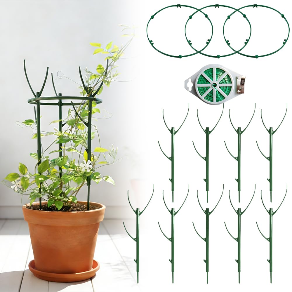 Plant Support Stakes, 9 Pack Plant Stakes for Indoor Plants, Stackable 3 Tier Durable Trellis Garden Poles for Outdoor Gardening, Plant Support Structures for Monstera Climbing Plants (Green-9Pack)