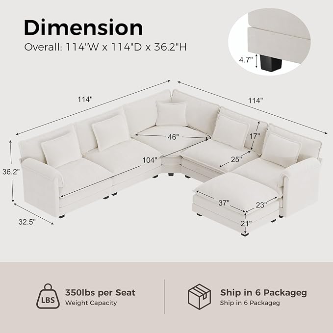 ELUCHANG 114" Oversized V-Shaped Cloud Couch Modular Sectional Sofa