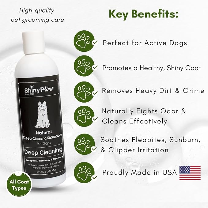 Shiny Paw Natural Deep Cleaning Organic Dog Shampoo 16 oz | Dog Itching Skin Relief with Evergreen, Aloe & Rosemary | Natural Dog Shampoo for Smelly Dogs