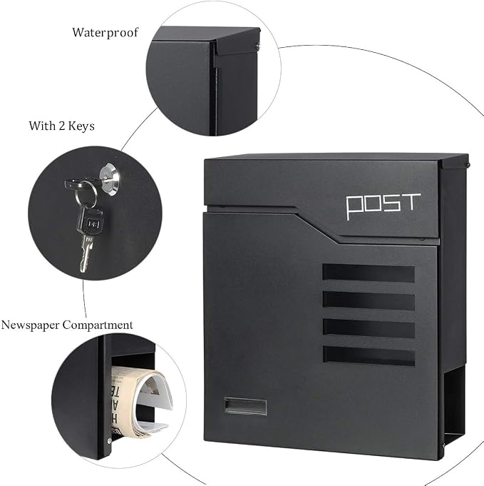Jssmst Locking Mailbox Wall Mount- Waterproof mailboxes with Secure Key Lock and Newspaper Compartment, Key Lock Drop Box Extra Large Capacity, 12.9 x 4.1 x 14.2 Inch, SM-HPB938 Black New