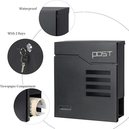 Jssmst Locking Mailbox Wall Mount- Waterproof mailboxes with Secure Key Lock and Newspaper Compartment, Key Lock Drop Box Extra Large Capacity, 12.9 x 4.1 x 14.2 Inch, SM-HPB938 Black New