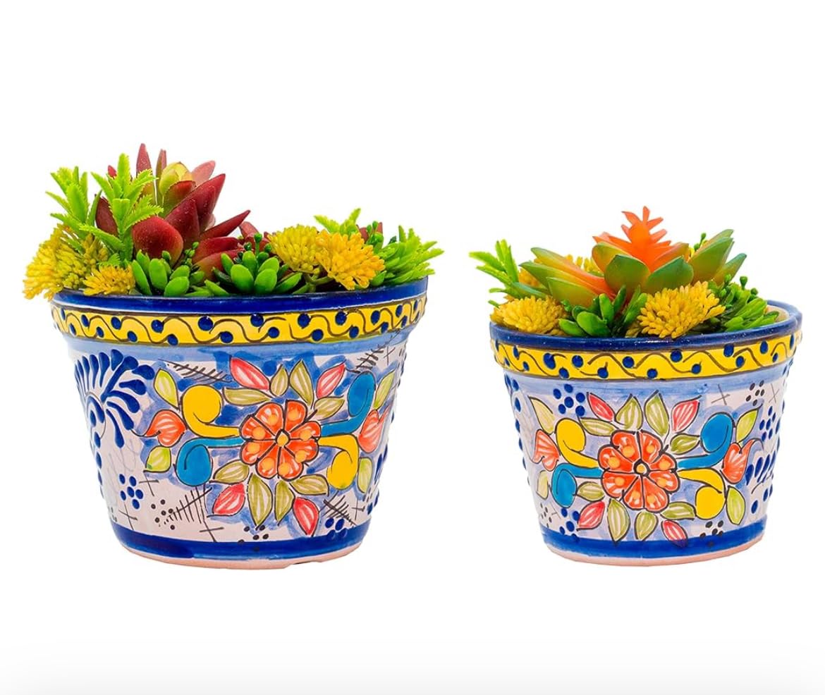 Fiesta Brands Talavera Mexican Pottery Planters Large Cobalt Yellow Talavera Succulent Planter (6.5 in Diam x 5.5 in Tall)