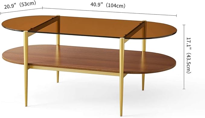 LumFurn Oval Glass Coffee Table, Mid-Century Modern Design, L41 x W21 x H17 inch