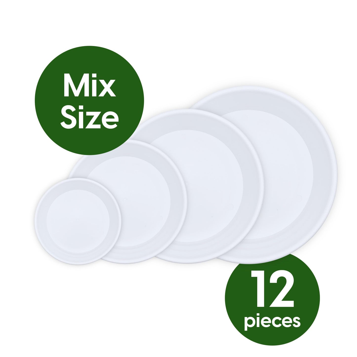 SLS SUPPLY FLORA - Durable Plant Saucers, Mix Sizes Pack of 12, Flower Plant Pot Saucer, Stylish Plant Tray Saucers for Indoors and Outdoors, Made of Thick and Strong Plastic - White