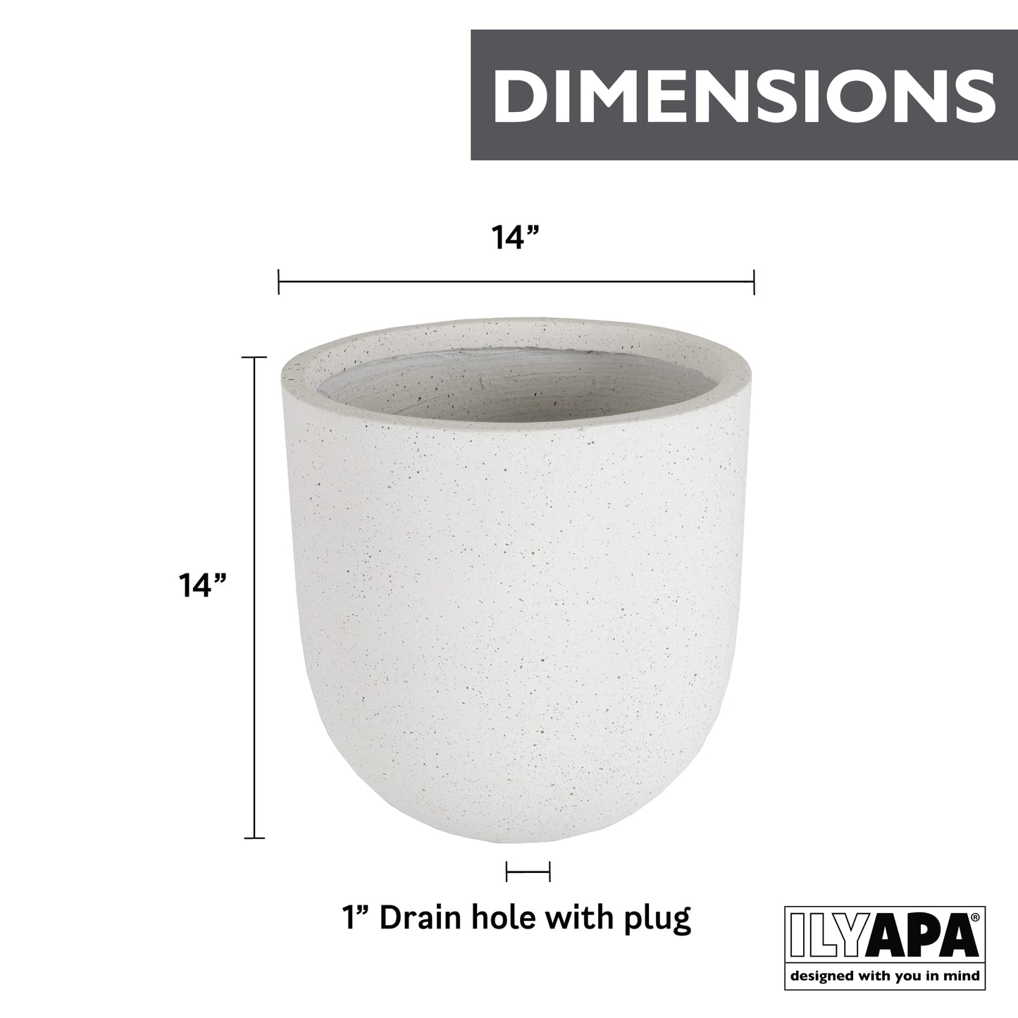 Ilyapa 14x14 inch Modern Concrete Outdoor Planter, Large Indoor Plant Pot with Drainage - Cement Vase 14 Inch Pots for Plants, Indoor/Outdoor