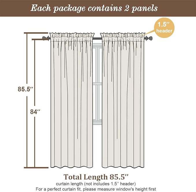 Chyhomenyc Black Semi Sheer Curtains 84 Inches Long 2 Panels Set, Light