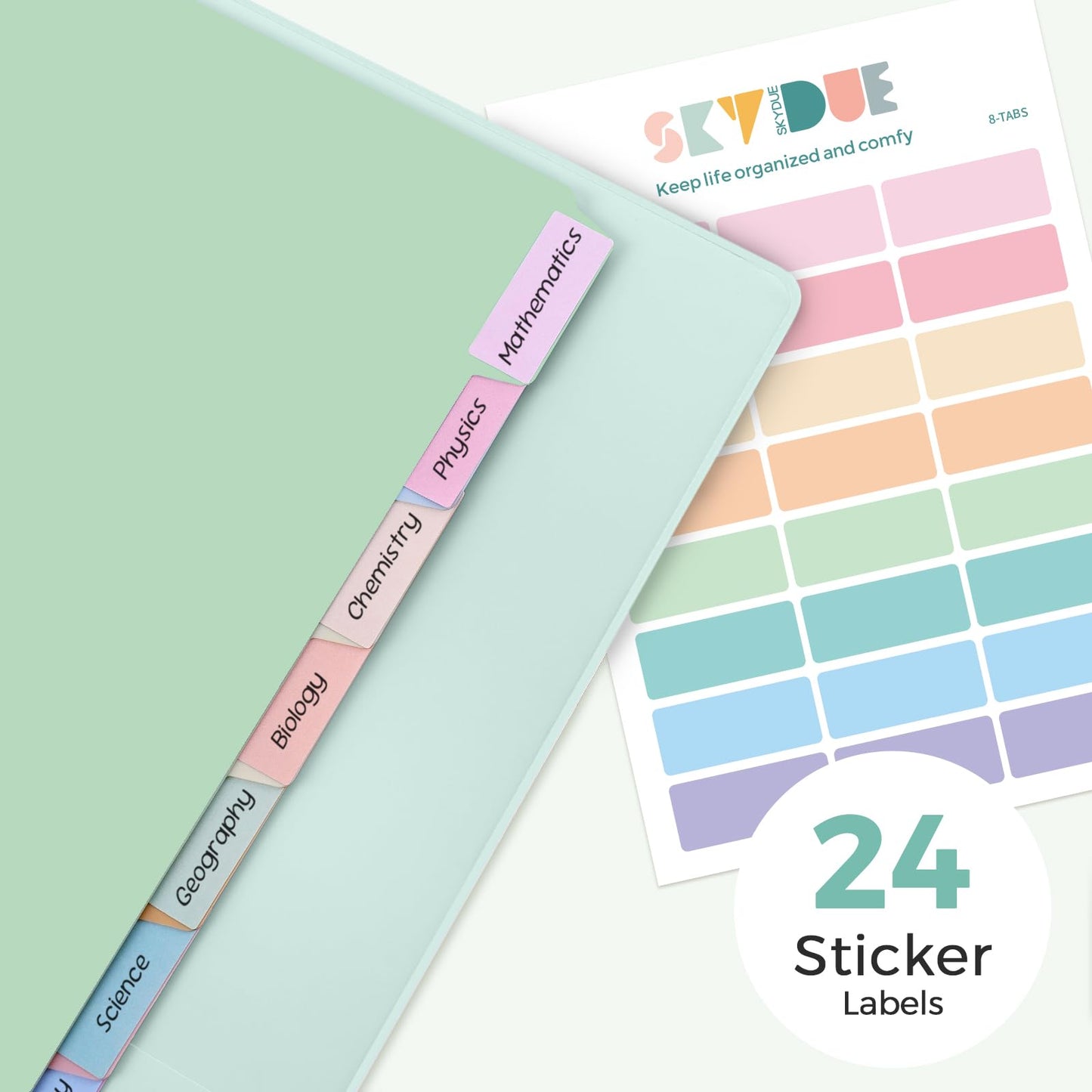 SKYDUE 1 Inch 3 Ring Binder with 8 Tab Dividers & 24 Labels, Pastel Binder Organizer for Letter Size Paper, Aesthetic School Binder for Notes, Documents, Office & Home Organization, Green