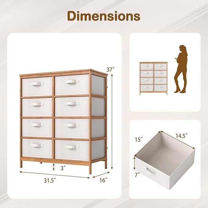 Giantex 8 Drawers Dresser for Bedroom, Bamboo Fabric Storage Tower