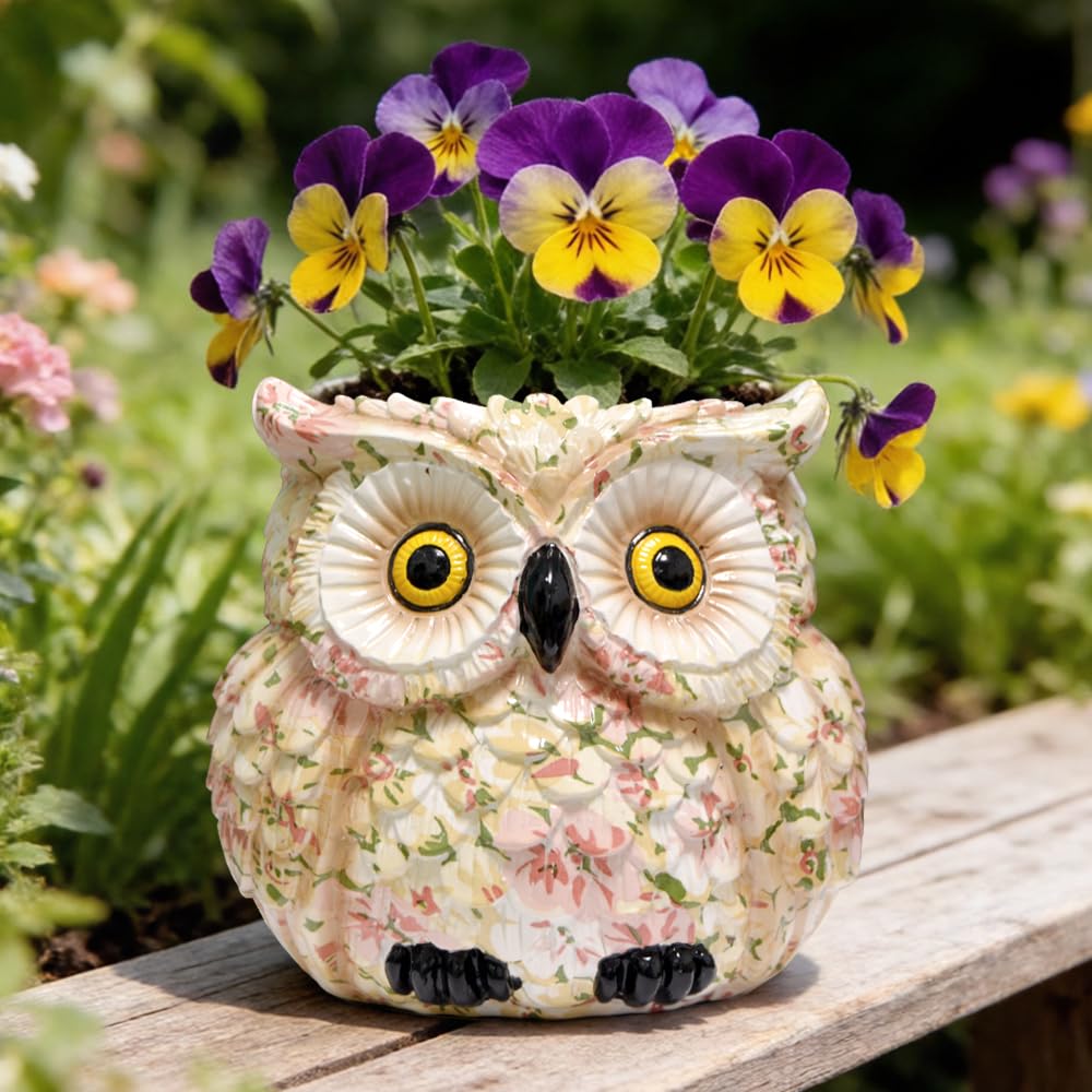 Pink Owl Planter, Cute Owl Statue Decor, Succulent Plant Pots, Decorative Flower Pot, Animal Bird Planters, Indoor Plant Pot for Home Garden Windowsill, Funny Gifts for Smart Women Mother Teacher