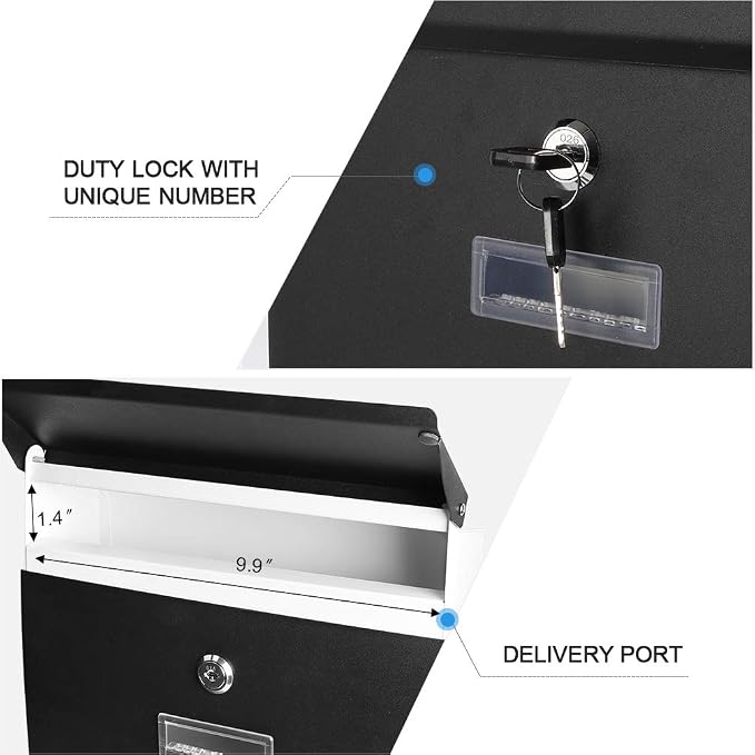 Mail Boxes with Key Lock for Outside,Security Drop Box with Key,Security Key Drop Box for Letters Newspapers, Cards, Wall Mounted Large Capacity Mailbox, 15 3/5" x 10 3/5" x 3 1/2"