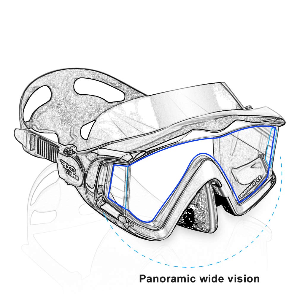 Adult Pano 3 Window Scuba Diving Mask, Tempered Glass Snorkel Mask Anti-Fog Swim Mask No Leakage Swim Goggles with Nose Cover Snorkeling Gear for Snorkeling, Freediving, Swimming (Black)