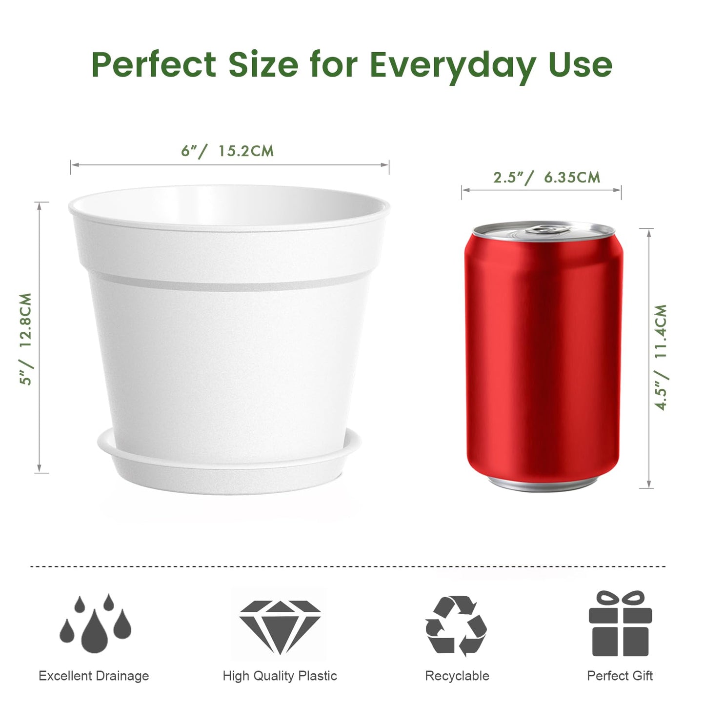 10 Pack 6 Inch Plant Pots with Drainage and Saucers, White Plastic Flower Pots for Indoor and Outdoor Plants, Stackable Nursery Planters for Houseplants and Herbs, White