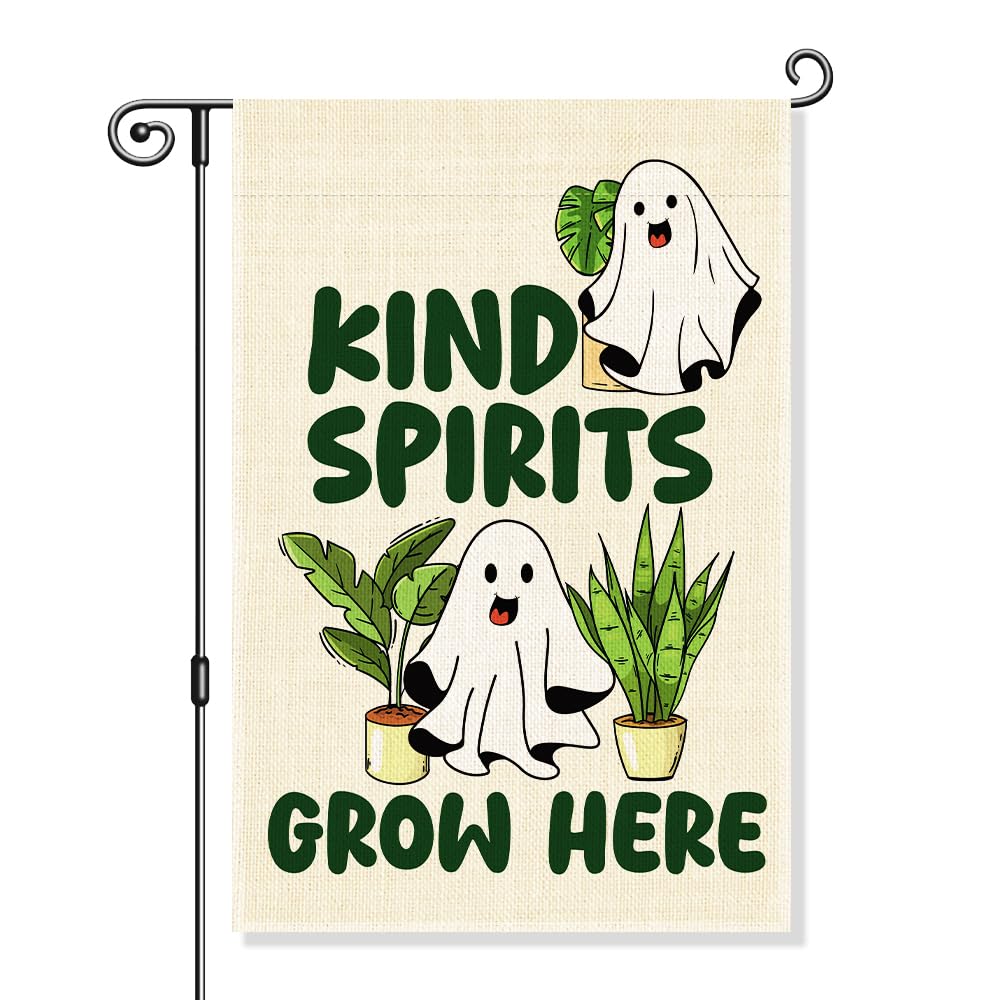 Gkodw Kind Spirits Grow Here Garden Flag, Cute Ghost Halloween Yard Sign for Outside, Funny Spirit Halloween Fall Outdoor Lawn Decor, Kindness Plant Lover Spooky Plant Mom Housewarming Gifts