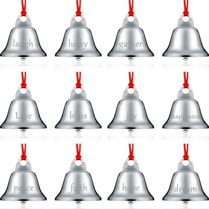 Sratte 24 Pack 1.5 Inch Christmas Bells Ornament Xmas Believe Jingle Decoration Silver Santa Sleigh Bell Christmas Printed Bell with Red Ribbon for Xmas Tree Home Decoration(Trumpet)