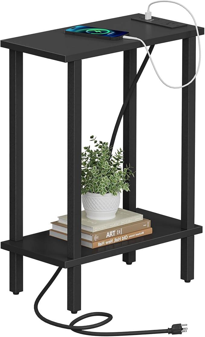 TUTOTAK Small End Table with Charging Station, Narrow Side Table with USB Ports