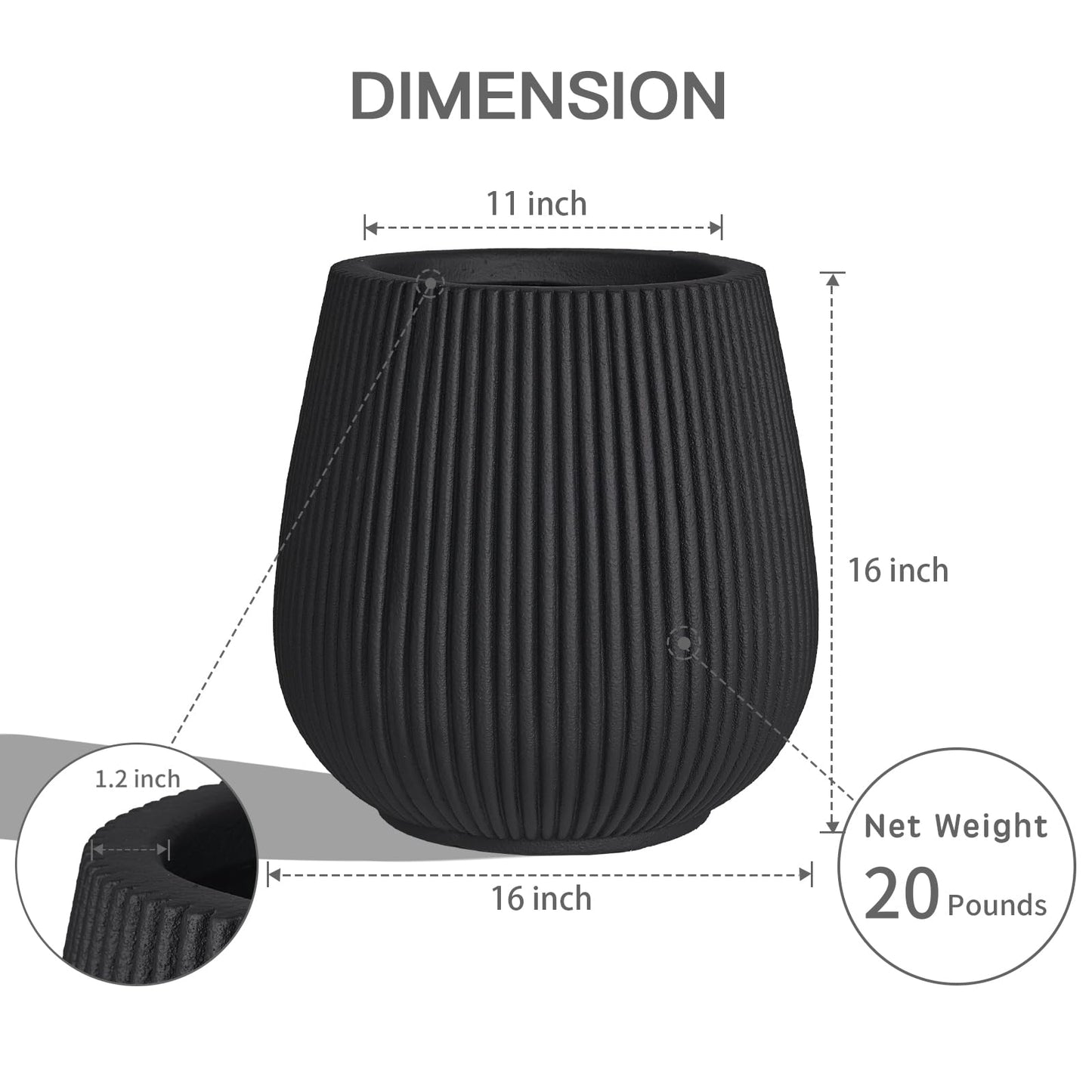 TerraDeco 16 Inch Handmade Concrete Outdoor Planter - Classic Striped Design | Fiberglass & Composite Material | Durable for Commercial & Home Decor (Black, Pear-Shaped)