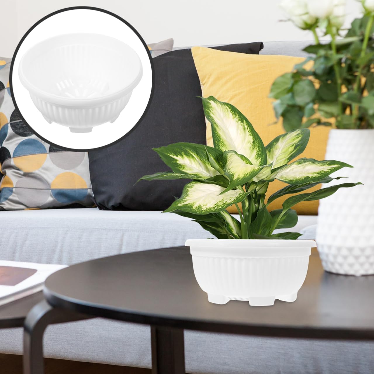 HANABASS Large Garden Bowl Planter White Shallow Plant Pot with Drainage Plastic Flowerpot for Succulents Bonsai Herbs Indoor Outdoor 8.25 Inchs