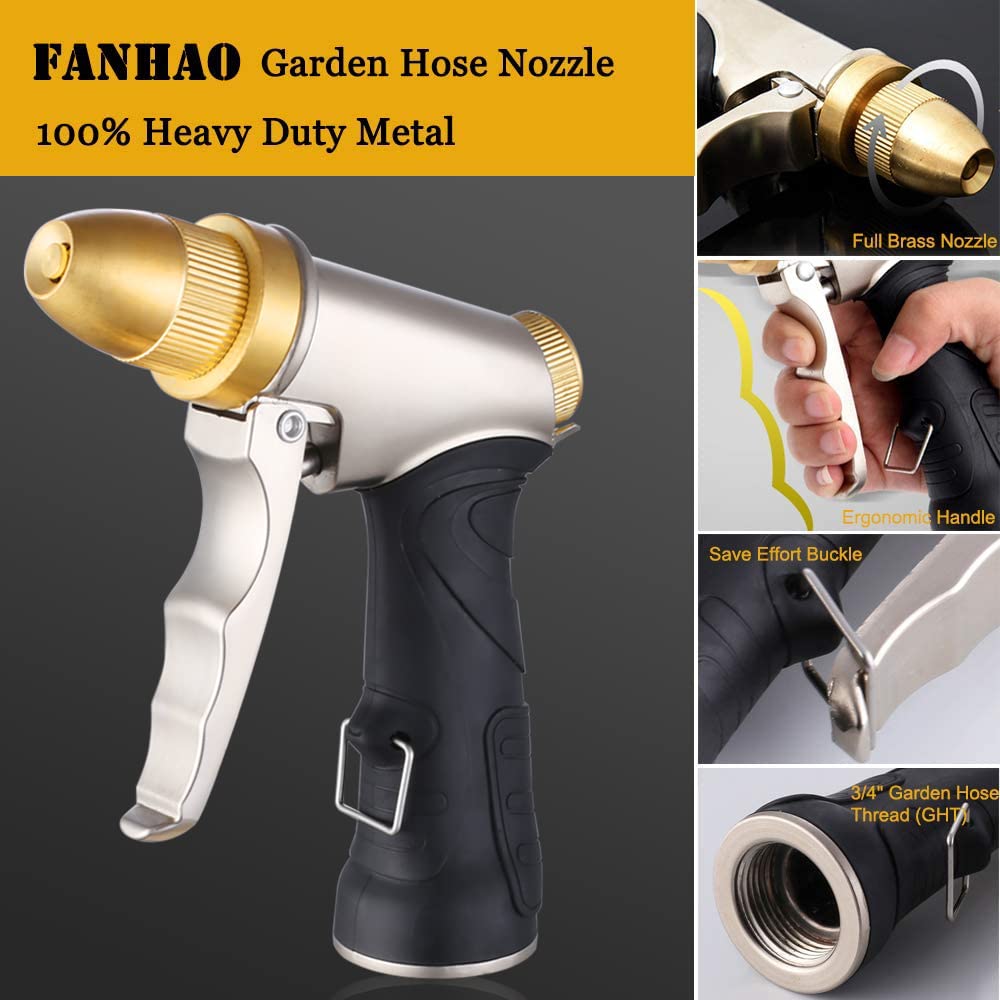 FANHAO Garden Hose Nozzle, 100% Heavy Duty Metal Spray Nozzle High Pressure Water Nozzle with 4 Patterns for Watering Garden, Washing Cars and Showering Pets - Full Brass Nozzle & Non-Slip Grip