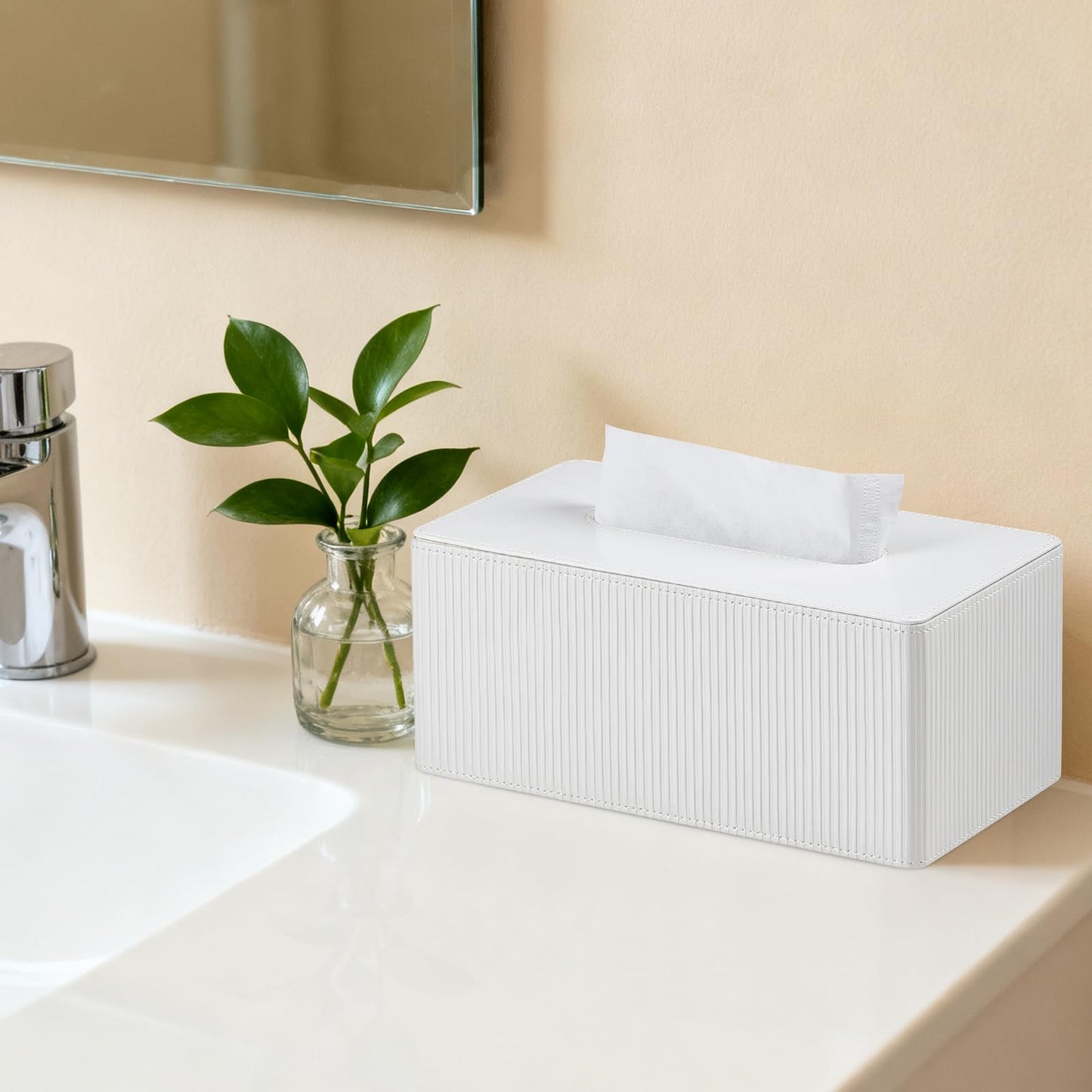 Cretkhp PU Leather Tissue Box Cover Rectangle with Magnetic Closure, Modern Tissue Box Holder for Bathroom NightStands Livingroom, Decorative Tissue Holder for 120(3-Ply)/160(2-Ply) Tissue Box (White)