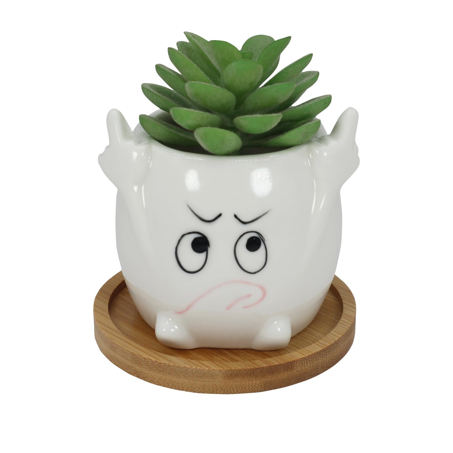Gemseek Funny Face Succulent Planter Pot with Drainage Tray, Small White Ceramic Cactus Flower Container, Cute Decorative Indoor Air Plants Holder