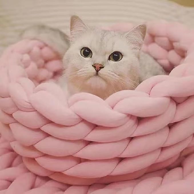 Woven Dog Bed Basket, Knitted Cotton Cat Bed Round Washable Woven Cat Pet Bed Chunky Dog Basket, Orthopedic, Chunky Knit Dog Nest,Dog Bed,Dog Cave,Dog Bedding(Pink,21")