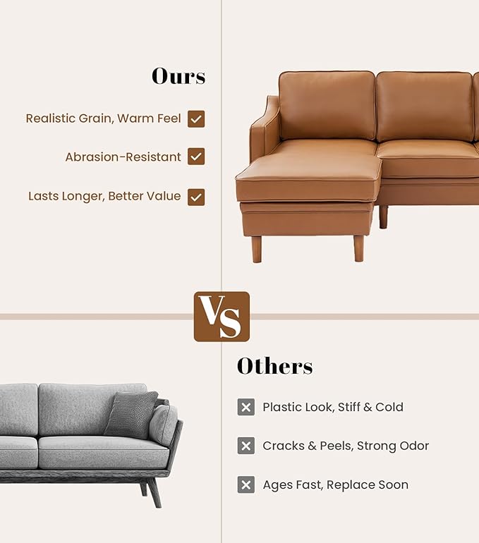 Kingfun 88" L-Shape Sofa, Faxu Leather Sectional Couch, Mid Century Modern