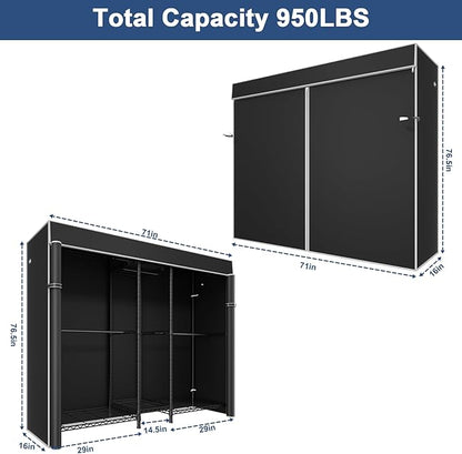 Ulif E12C Pro Heavy Duty Closet Organizer System，Freestanding Clothing Rack, Adjustable Garment Rack 71" W x 16" D x 76.5" H Holds 960 lbs, Black Rack with Black Dustproof Cover