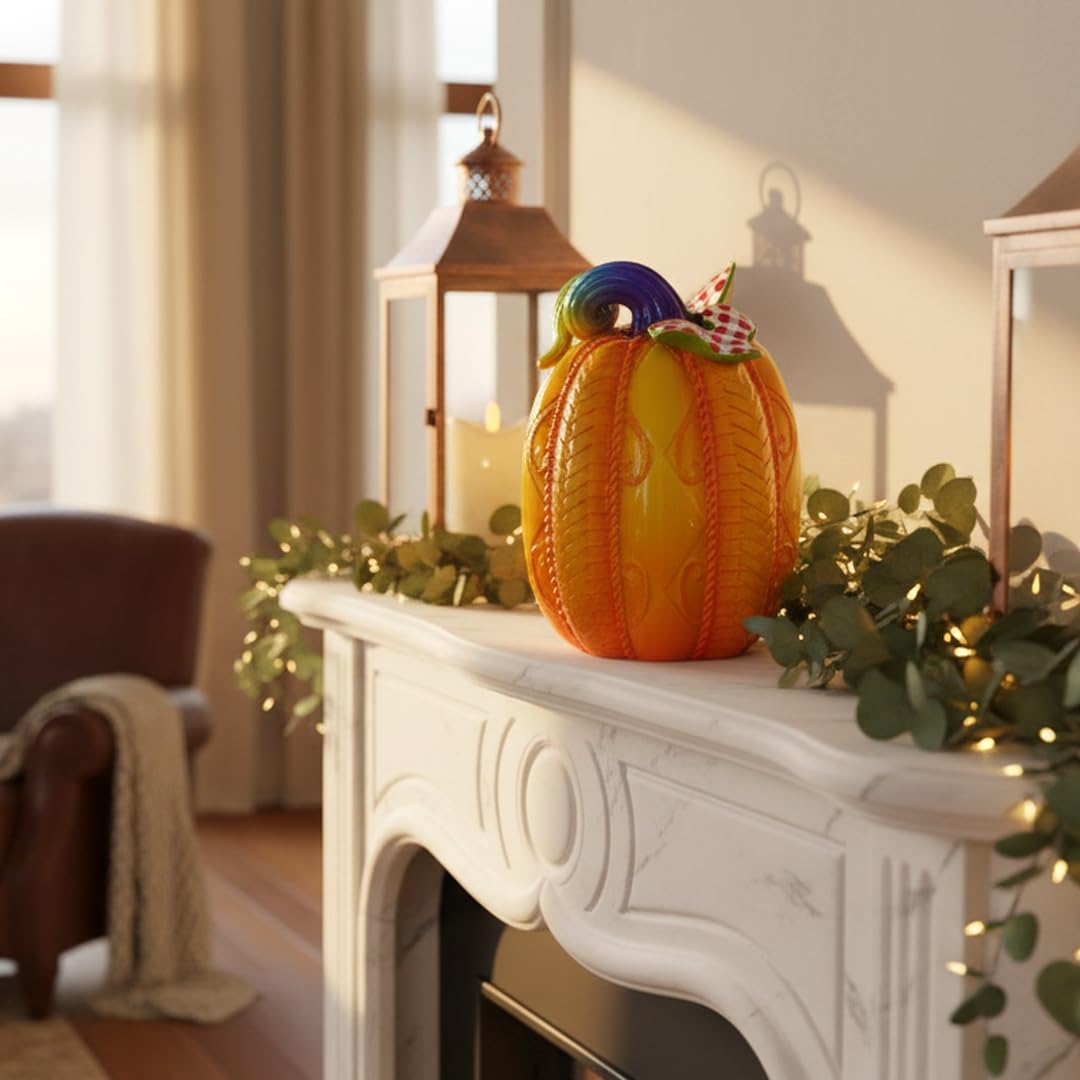 SEAKINGDOM YHH Premium Handmade Pumpkin Statue - 7 Inch Fall Harvest Decor, Resin Sculpture for Thanksgiving Centerpiece, Halloween Tabletop, Mantel & Bookshelf Display (Yellow)