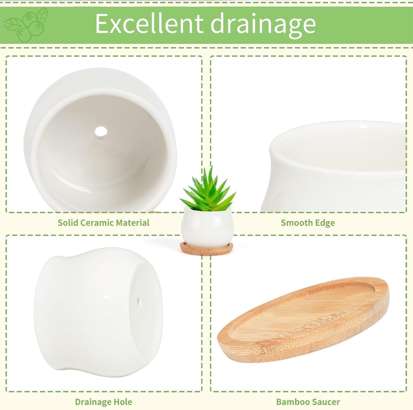 SHECIPIN Succulent Plant Pot, White Mini 2.6 inch Ceramic Flower Planter Pot with Bamboo Tray, Pack of 8 - Plants Not Included
