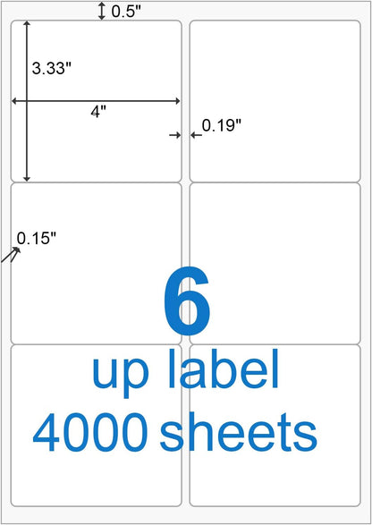 BESTEASY 3 1/3" x 4" Labels Shipping Labels for Laser Inkjet Printers, 6 Up Self Adhesive FBA Address Labels, White Matte Mailing Label Stickers (4000 Sheets, 24000 Labels)