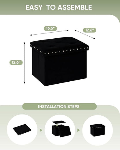 B FSOBEIIALEO Storage Ottoman Cube Folding Tufted Ottomans, Storage Boxes Footrest for Bedroom, Luxury Velvet Fabric 16.5 * 12.6 * 12.6 Inches Black