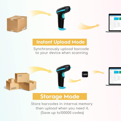 NADAMOO Wireless Barcode Scanner 328 Feet Transmission Distance USB Cordless 1D Laser Automatic Barcode Reader Handhold Bar Code Scanner with USB Receiver for Store, Supermarket, Warehouse - Blue