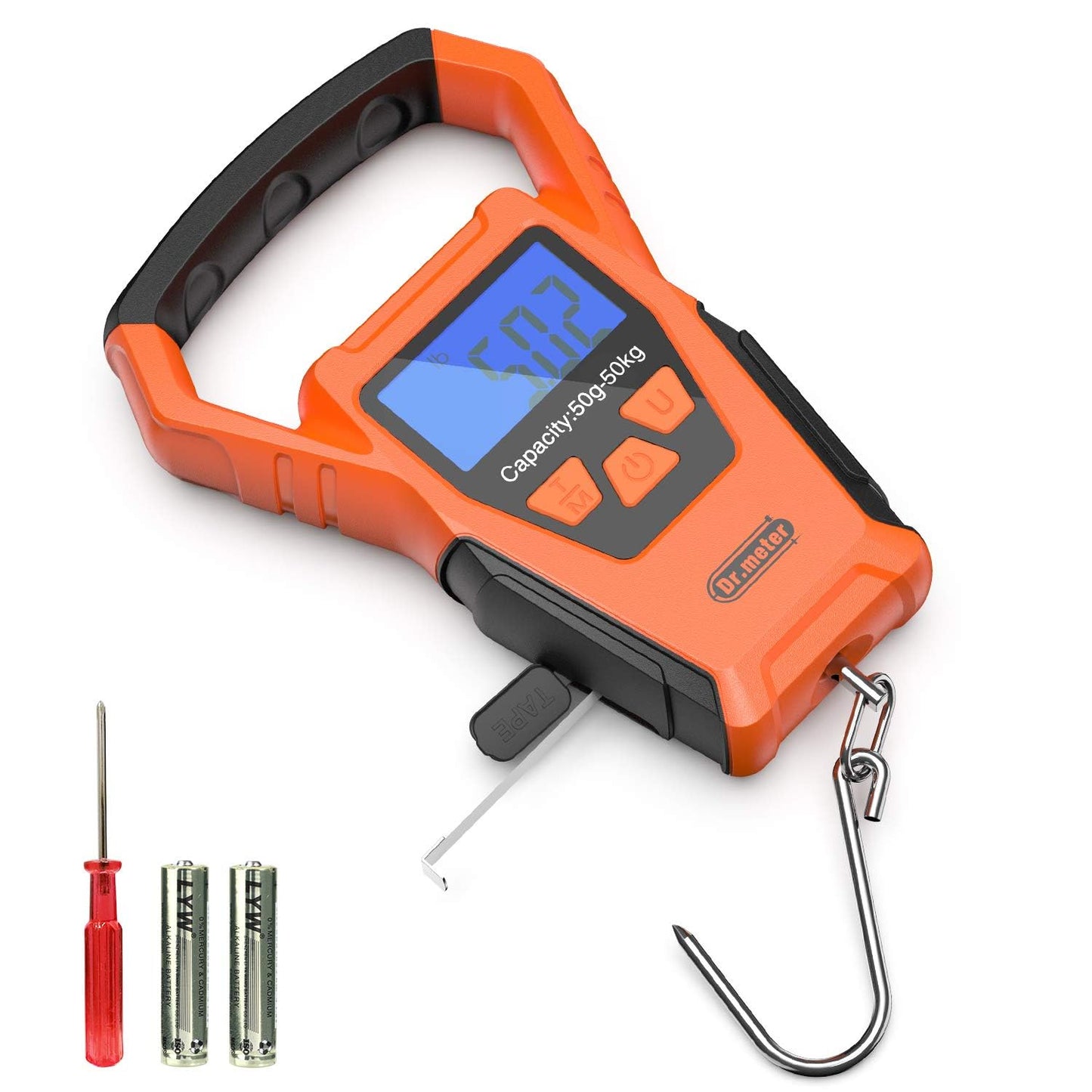 Dr.meter Fish Scale Waterproof: Luggage Weight Scale with Bigger Handle and Hook Upgraded IPX7 110lb/50kg Backlit LCD Display Digital Hanging, Built-in Tape, Battery Included, Fishing Gifts for Men